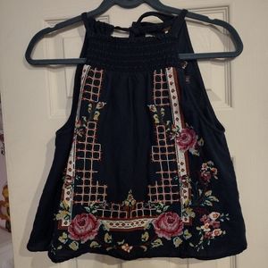 Free People Honey Pie Embroidered Tank Small Smocked Linen Blue cross stitch.